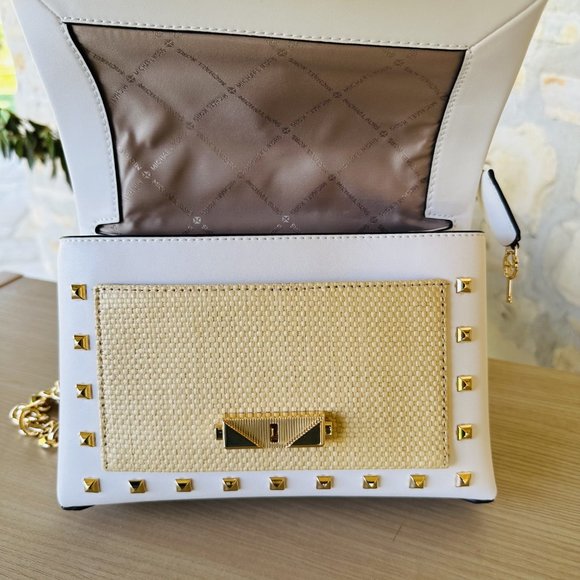 Michael Kors Cece MD Studded Flap Pocket Leather Shoulder & Wallet OPTIC White - Picture 9 of 14